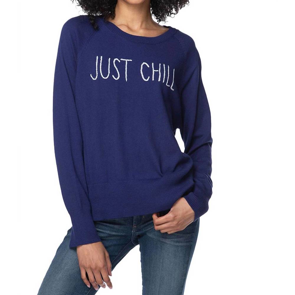 NEW SUBTLE LUXURY just chill embroidered sweater in blue